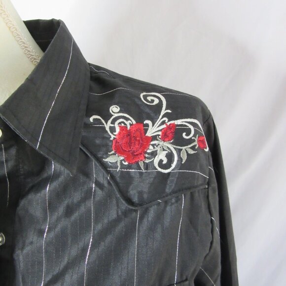 Roper Vintage Western Shirt Snap Black Silver Metallic Stripes Roses Size Medium - Picture 11 of 12